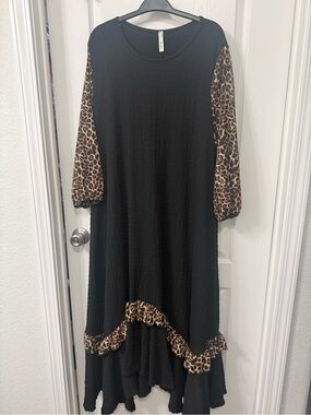 Celeste Black Dress with Leopard Print Sleeves and Hem
